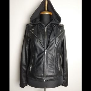 Sebby Black Hooded Faux Leather Jacket M